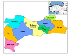 Map of Erzincan province with the districts in different colours, and a smaller map on the top right showing the location of this province within Turkey