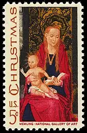 A copy of a 1967 stamp featuring Madonna and the newborn Jesus