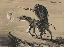 A cartoon named Europe 1916 depicts Death riding a donkey toward the edge of a cliff. Death holds a long stick from which dangles a carrot just out of reach of the skinny donkey. The carrot is labeled "Victory".