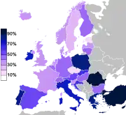 Belief "There is a God" per country based on Eurobarometer 2005 survey