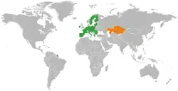 Map indicating locations of European Union and Kazakhstan