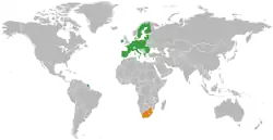 Map indicating locations of European Union and South Africa