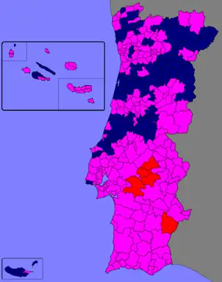 Strongest party by municipality. Pink: PS; Darkblue: PSD-CDS; Red: CDU