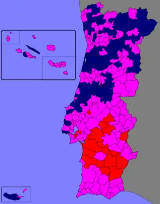 Strongest party by municipality. Pink: PS; Darkblue: PSD-CDS; Red: CDU