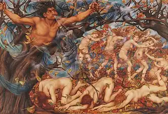 Boreas and fallen leaves, Evelyn de Morgan.