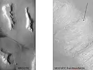 The arrow in the left picture points to a possibly valley carved by a glacier.  The image on the right shows the valley greatly enlarged in a Mars Global Surveyor image.