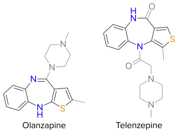 General structure of thienobenzodiazepines. Core is highlighted by black and color. Grey depicts accessory functional groups.