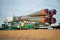 The Soyuz rocket being rolled out to the launch pad.