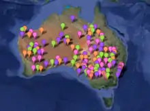 Locations of Bureau of Meteorology operated weather stations which recorded a temperature of 45 °C or above during January 2013.