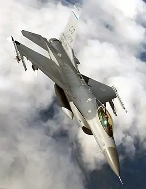 General Dynamics F-16, showing multi-shade pattern camouflage, influenced by Ferris.