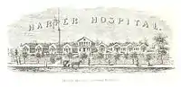 The original hospital complex in an 1884 drawing by Silas Farmer