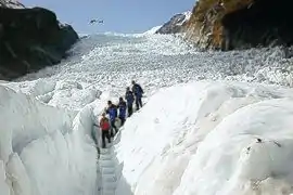 photograph of five people walking in a row on a snowy glacier with an helicopter visible in flight in the background