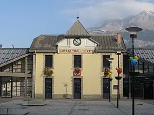 Two-story building with gabled roof