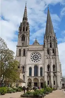 Towers of Chartres Cathedral; Flamboyant Gothic on left, early Gothic on the right