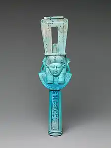 Sistrum inscribed with the name of Ptolemy I; 305–282 BC; faience; 26.7 × 7.5 cm; Metropolitan Museum of Art