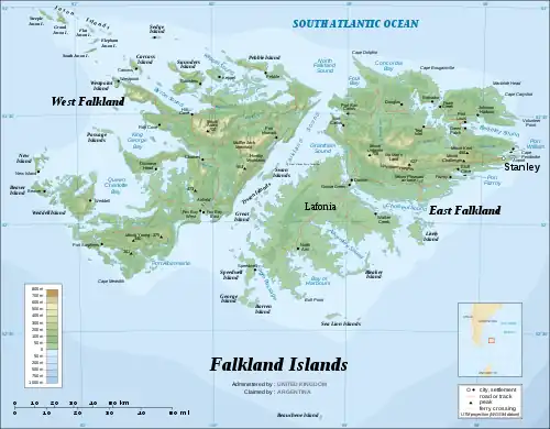 Topographic map of the Falkland Islands, with settlements marked