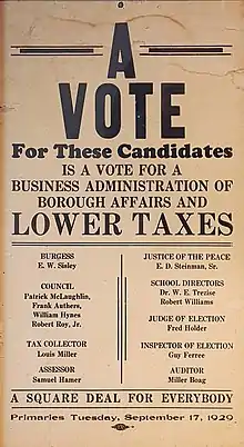 Fayette City, Pennsylvania election campaign poster from 1929.