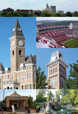 Clockwise from top: Fayetteville skyline  around the Historic Square, Donald W. Reynolds Razorback Stadium, Old Main, Wilson Park, the Fayetteville Depot, and the Washington County Courthouse.