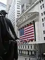 The statue of Washington outside Federal Hall National Memorial, facing Wall Street and the New York Stock Exchange Building in New York City.