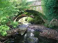 The 19th-century waggonway bridge (foreground) over the Lugton Water near Fergushill farm. The two bridges were known as the 'Elbo and chael.'