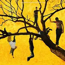 A painting of five outlines of humans standing and swinging from tree's branches