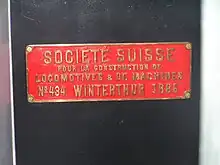 builder’s plate of  Societe Suisse locomotive No 434 of 1886 at the Finnish Railway Museum.