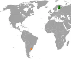 Map indicating locations of Finland and Uruguay