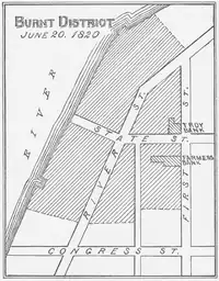 A map engraved in 1880 shows the fire damage that spread from the Hudson River to the east to First Street to the west; and Congress Street to the south to the Hudson River to the north (the river travels north then bends east).