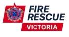 To the upper left, the Fire Rescue Victoria badge on a red background; to the right, the words FIRE RESCUE VICTORIA.