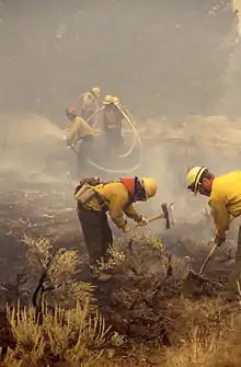 Firefighters dig fire lines and carry hose at Mammoth Hot Springs on September 10. 1988