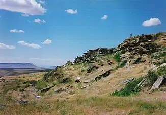 Ulm Pishkun. Buffalo jump, SW of Great Falls, Montana. The Blackfoot drove bison over cliffs in the autumn to secure the winter supply. The Blackfoot used pishkuns as late as the 1850s.