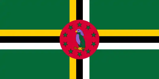 Flag of Dominica, features a purple sisserou parrot.