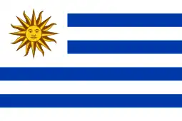 The flag of Uruguay has a white canton charged with the Sun of May.