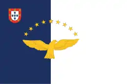 Blue and white bands, superimposed by golden goshawk and surmounted by nine stars with traditional Portuguese shield in the left corner.