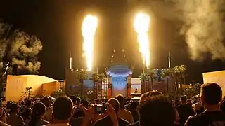 Two flamethrowers periodically create 150-foot tall jets of fire.