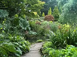 Path through the rock garden surrounded by herbaceous perennials