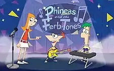 alt=Three cartoon characters on a purple stage. Two of them are young boys playing instruments, while another is a teenage girl with red hair pointing at the two boys with a surprised look.