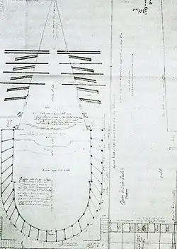 Outline of a theatre auditorium, with a horseshoe-shaped arrangement of boxes and a set of tiers surmounting a central stage area.