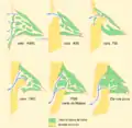 Formation of the Bassin d'Arcachon at 4000 BC, 400 BC, 700 AD, 1300 AD, 1708 AD and today. Green areas are mud and sand bars. Beige areas are sand dunes.