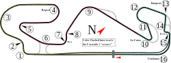 A track map of the Circuit de Barcelona-Catalunya. The track has 16 corners, which range in sharpness from hairpins to gentle, sweeping turns. There are two long straights that link the corners together. The pit lane splits off from the track on the inside of Turn 16, and rejoins the track after the start-finish straight.