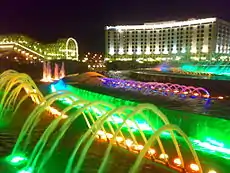 Animated fountain, lit at night