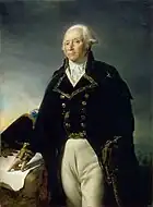 Painting shows a clean-shaven man with an 18th century style wig. He wears a late 18th century dark blue military uniform with gold trim and white breeches.