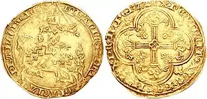 The so-called franc-à-cheval was a gold coin valued one livre tournois minted from 1360. The obverse shows the French king in the style of an equestrian seal. This coin is the origin of the name franc for the French currency.