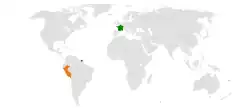 Map indicating locations of France and Peru