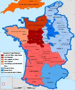 map of France in 1154 with its various domains, including the Duchy of Aquitaine