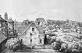 1872: The Hospital of the Israelitische Krankenkassen (left). The Judenmarkt is behind this building. Middle: the row of small houses (view of the easternmost house) next to the cemetery.