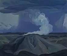 Landscape painting of a blue and brown mountain in the foreground and smoke billowing across the sky