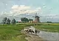 Dutch Landscape with a Windmill and a Farmer with His Cattle, oil on canvas