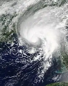 A satellite image of Tropical Storm Fred on August 16, 2021