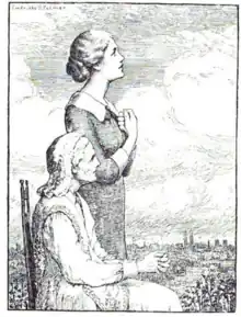 A drawing of two white women in profile; one is younger, standing, hands crossed on her chest; the other is older, seated, hands clasped over her lap. The setting is outdoors; the background is mostly sky and clouds, with a low horizon.